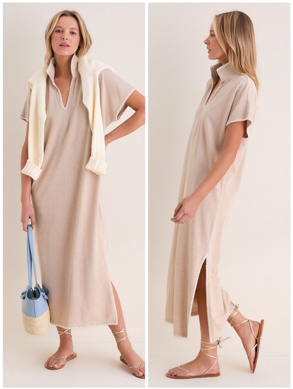 Tuckernuck Pique Melissa Maxi Tan White Embroidered Polo Dress, S